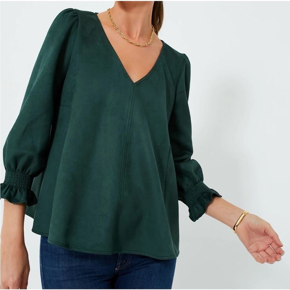 Tuckernuck Holidays Malachite Suede Easton Blouse XS flounce ruffle sleeves Boho